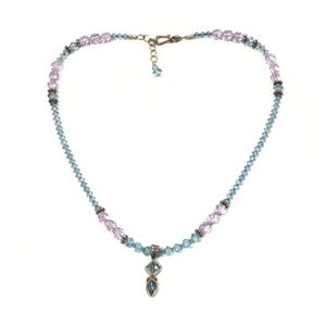Sterling Silver Blue Stones Pendant Blue & Purple Crystal Beaded Necklace 19" L
